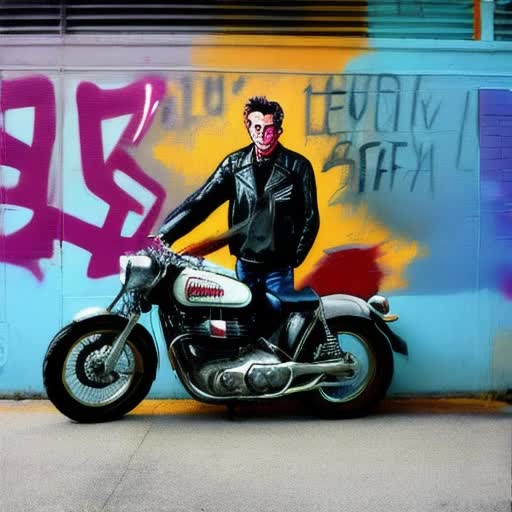 Daring rider boy, leather jacket, urban backdrop, graffiti-adorned walls, vintage motorcycle, Smoky exhaust, Metallic, Oil painting, Edgy and realistic, under streetlights, by James Dean and Jackson Pollock