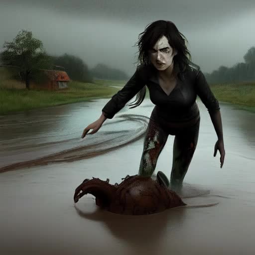 Girl with serpentine hair, chasing terrified boy, riverbank setting, Seized midsprint, brutal death, Nationally recognized comic artist Stjepan Sejic, Terrible demise threaded with glimmers of dark beauty, Shadowed, rainy atmosphere, murky river water, striking earth tones, grim lighting, reminiscent of Neil Gaiman's ominous storytelling, inked textures, water-splashed, muddy environment, by Stjepan Sejic and Neil Gaiman