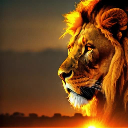 Proud lion, wide-angle, clear definition, warm hues, golden sunset on the horizon, vivid orange and yellow, deep shadows, powerful and intense, backlit for dramatic silhouette effect, by Peter Delaney