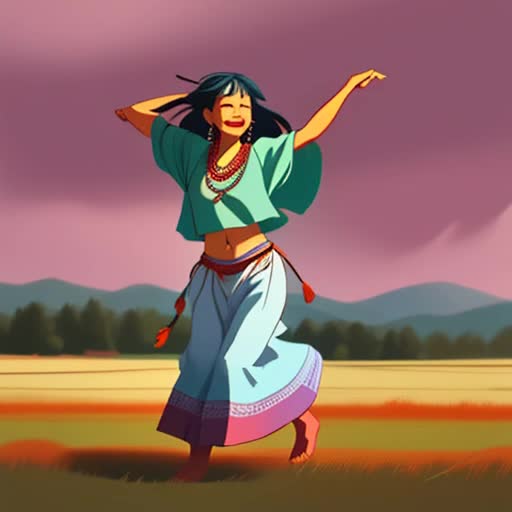 Native American woman dancing in a field 