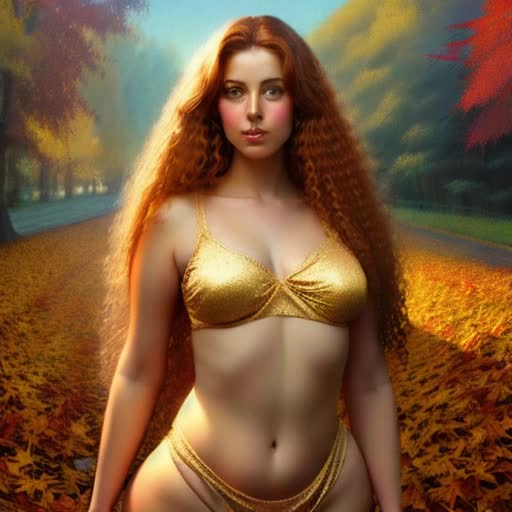 Gorgeous curvy autumn goddess with thick hips, long curly ginger hair,Divine figure of autumn, a laurel of golden maple leaves, expressing an alluring aura. Soft, diffused lighting enhances the warm colors, compelling and detailed, by Brom and Boris Vallejo. Soft bokeh effect showcasing her figure as the focal point