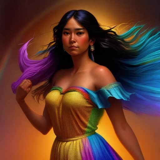 Native American girl, shimmering rainbow dress, completing a rain dance, her hair flowing luminously, Soft swirling hues of radiant and tender rainbow colors, digital painting, intricate detailing, ethereal aura, golden hour lighting, by Thomas Blackshear and Noriyoshi Ohrai