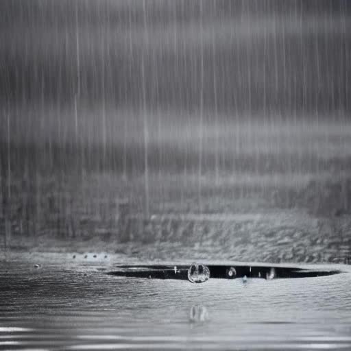 heavy rain, large water droplets splashing on pond surface, overcast sky, cinematic perspective, grayscale color scheme, water surface reflecting surrounding environment details, rainy weather atmosphere, highly focused, detailed and sharp imagery, by Gregoire A Meyer