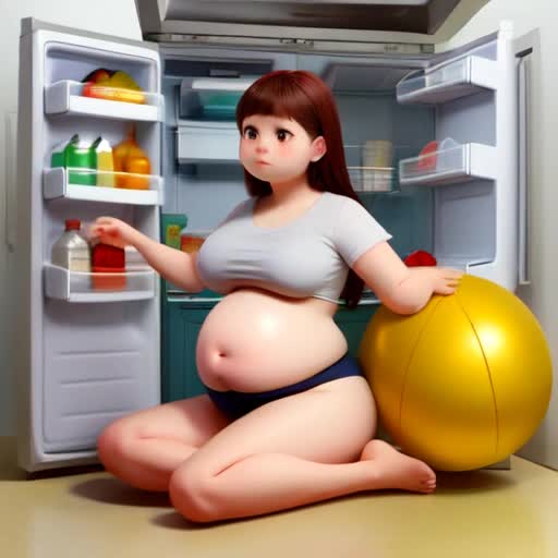 A girl sitting infront of a fridge after having eaten everything inside the fridge. She has round bloated belly, bigger than a beach ball. Ball belly, stuffed belly, full belly.