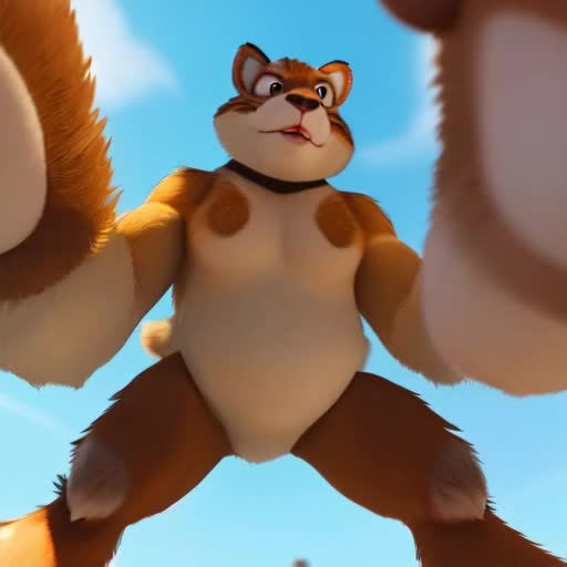 Low angle perspective of a group of anthropomorphic animals surrounding and towering over the camera at foot level