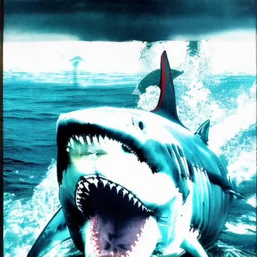 Underwater expedition, Great White sharks in feeding frenzy, ominous shadows, gigantic Megalodon lurking, marine wildlife, enriched blue-green hues, contrast between light and dark, eerie depths, ominous ambient lighting, by H.R Giger and Ralph Steadman, dramatic thrilling atmosphere