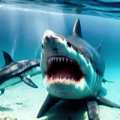 Great White Shark feeding frenzy, underwater scene, lurking gigantic Megalodon, shadowy aquatic background, ominous, alarming, hyperrealistic, 8k resolution