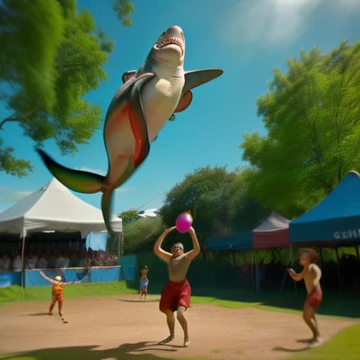 Children juggling live sharks, local park, surrealistic, Circus tent in the background, onlookers gasping in awe, Dynamic and lively, Brilliant, saturated colors throughout, action captured mid motion, radiant sunshine, midday, lush green trees, vivid blue skies