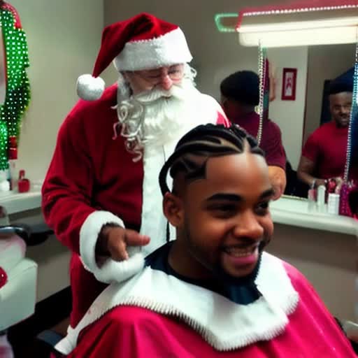 there's an African-American Santa Claus and he's sitting in The barbers chair getting a super fade haircut with braids and twists and initials carved into his hairdo and he just looks so fly but he still looks like Santa Claus and then he turns out of the chair the barber snaps the cover off of him and he looks in the mirror at his super Urban fade on he's so elated by his hair but he says ho ho ho but he's saying it about his hair too and everybody in the barbershop is smiling with him