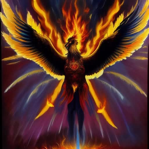 Majestic, fiery phoenix erupting, grandly soaring through a crimson and indigo twilight sky. Feathers detailed, ablaze with incandescent flames, jutting edges with charred ember central burn, emblematic of a rebirth cycle. Spiritual, mystical, and angelic aura, emanating dominant and authoritative energy. Full body profile, dynamic mid-flight pose, fiery trails luminosity. Vintage oil painting manner, evoking spiritual intensity and celestial power, by Gustave Moreau and William Blake