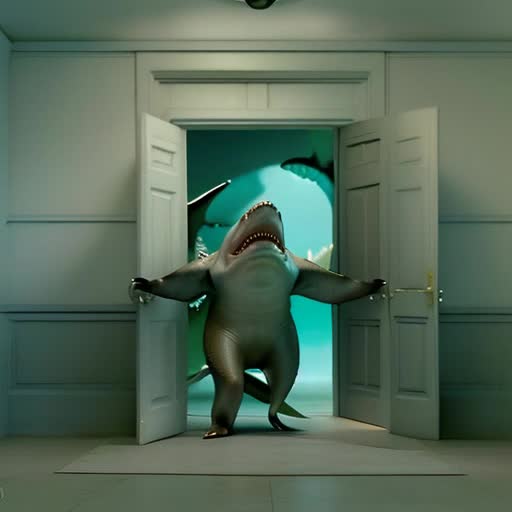 Comic inspired scenario of a man startled as he opens a door, revealing a menacing shark lunging forward as if in mid-attack, door ajar in motion, shark's vivid sharp teeth in focus, theatrical lighting emphasizing the dramatic thrill, by Bill Plympton, invoking nostalgia for vintage television comedy