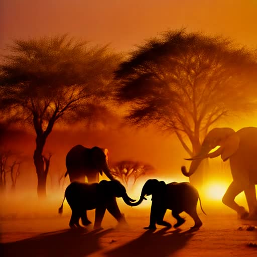 Safari adventure, wildlife viewing, silhouettes of majestic elephants and sprinting cheetahs. Acacia trees casting long shadows, dusty, sun-soaked atmosphere, Striking sunrise, hues of orange, yellow and red dominating the sky, Hyper-realistic, detailed and sharp focus, by Steve McCurry
