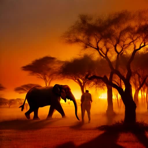 Safari adventure, wildlife viewing, silhouettes of majestic elephants and sprinting cheetahs. Acacia trees casting long shadows, dusty, sun-soaked atmosphere, Striking sunrise, hues of orange, yellow and red dominating the sky, Hyper-realistic, detailed and sharp focus, by Steve McCurry