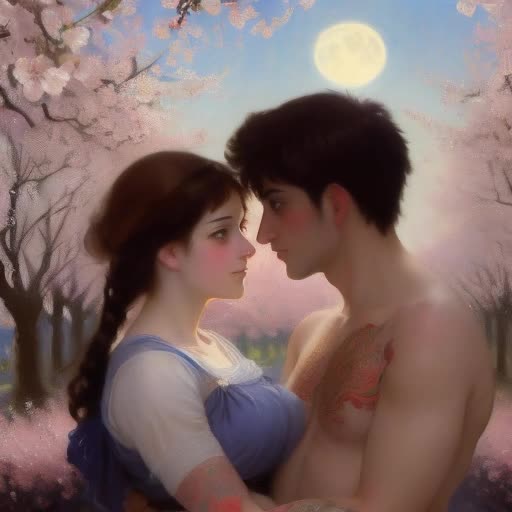 Pair of enamored individuals, deeply entwined, sharing intimate moment, heartwarming glance, under a soft cherry blossom tree, intricate tattoo designs, romantically lit by full moon light, oil painting texture, vivid emotions, richly colored backdrop, dappled light effect, soft shadows, by William Adolphe Bouguereau and John Singer Sargent