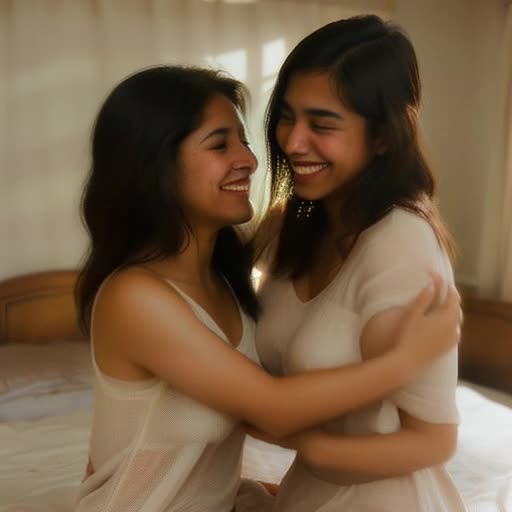 Latino women, intimate bond, expressing affection in soft morning light, bedroom scene, simple white linen sheets. Partially tangled hair, smiles