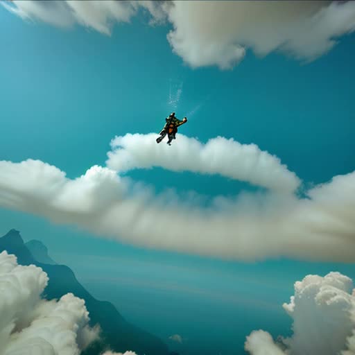 Man soaring through the clouds, gravity-defying expression of freedom, Skydiver attire, riveting rush of adrenaline visible in his eyes, Puffy, thick white clouds surrounding, bright azure sky backdrop, bold, thrilling, vivid colors, lush depth and sharp contrast, by Annie Leibovitz