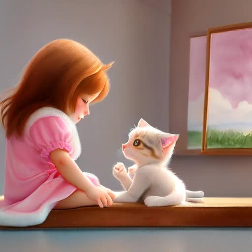 Adorable, heartwarming scene, fluffy kittens playing, tender expressions of fondness, soft velvet-like fur, warm hues, watercolor painting, reminiscent of childhood innocence, light and airy ambiance, pink and fluffy clouds in the background
