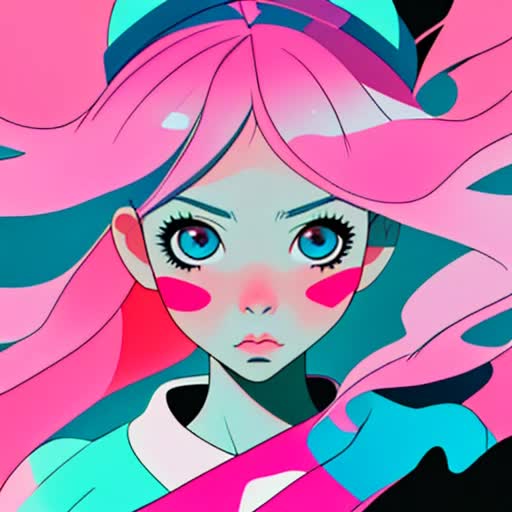 Anime woman, cosmic goth, intricate, smooth gradients, highly detailed, illustration, high contrast, kawaii, pink hair, sticker concept