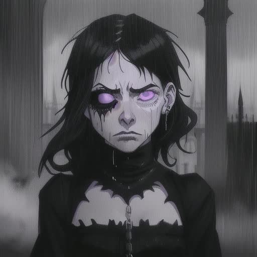 Gothic architecture in background, dark and moody, rain pouring, emo character centered, wearing black outfit adorned with silver chains, dyed black hair covering one eye, piercing on eyebrow, emotion of despair, monochromatic hues with splashes of purple and red, drawing, detailed and sharp focus, atmospheric lighting, amidst the jumble of emotional post-rock by Banksy and Tim Burton