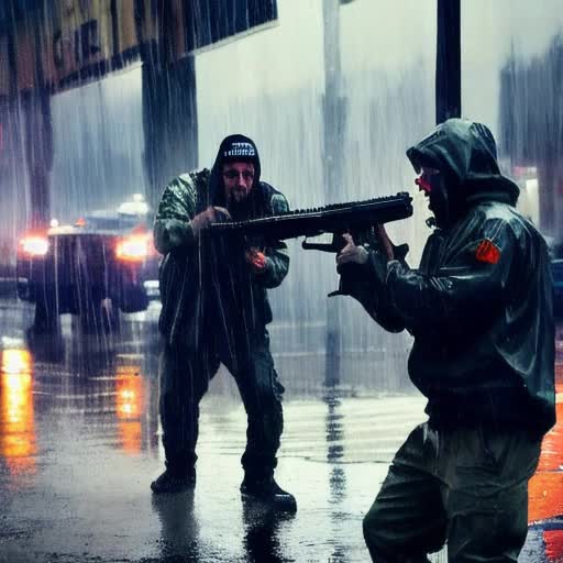 Guys firing AK47, under pouring rain, electrified atmosphere, saturated, wet urban setting, menacing combat attire, Guns flashing in the damp, Tense, by God Glizzy, distinct gritty realism, Pulsating raindrops hitting the concrete, falling water with dramatic lighting, sharp contrast, detailed