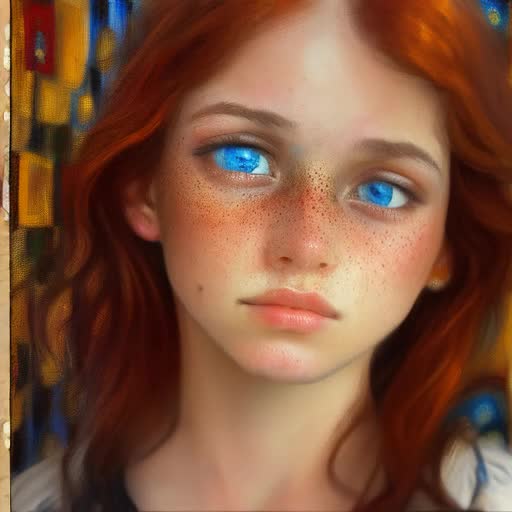 Girl with captivating blue eyes, expressive look, flowing auburn hair, subtle makeup enhancing natural beauty, soft fading freckles, digital painting. Vividly contrasting colours, radiant lighting, close-up view capturing intricate facial features, encapturing realism with expressive emotional depth, Impressionist style, by Pierre Auguste Renoir and Gustav Klimt