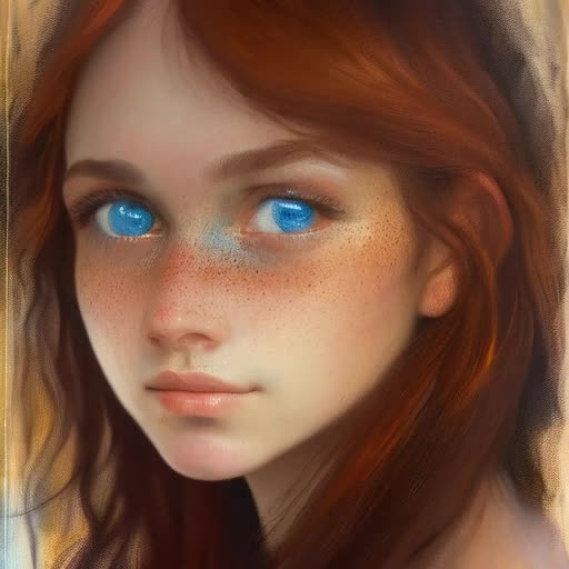 Girl with captivating blue eyes, expressive look, flowing auburn hair, subtle makeup enhancing natural beauty, soft fading freckles, digital painting. Vividly contrasting colours, radiant lighting, close-up view capturing intricate facial features, encapturing realism with expressive emotional depth, Impressionist style, by Pierre Auguste Renoir and Gustav Klimt