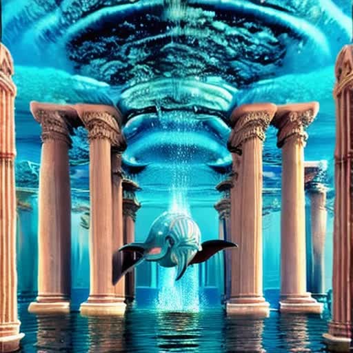 Ancient Atlantis, underwater city, mythical, Greek architecture, enormous marble pillars, tall and proud, intricately carved statues, playful dolphins, schools of fishes, 3D rendering, Realism, ornate and detailed, turquoise and royal blue, mystical lighting, radiant sun rays piercing water surface, by H.R. Giger and Botticelli