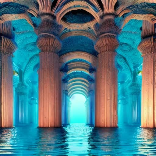 Ancient Atlantis, underwater city, mythical, Greek architecture, enormous marble pillars, tall and proud, intricately carved statues, playful dolphins, schools of fishes, 3D rendering, Realism, ornate and detailed, turquoise and royal blue, mystical lighting, radiant sun rays piercing water surface, by H.R. Giger and Botticelli