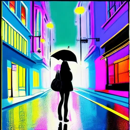 Solitary girl navigating through dimly lit street at night, wearing jeans and a jacket, mystically inviting, subtle city lights reflecting off wet asphalt after rain, gothic architectural structures lining the street, light drizzle, mist swirling around the yellow streetlights, patchy shadows, gothic style, noir tone, contrast of neon city lights and deep shadows, cold color palette with splashes of neon blue and purple, drawn in the style of Kazuo Oga and Edward Hopper