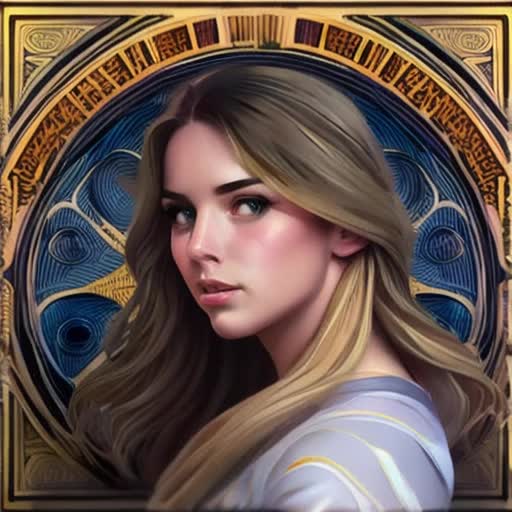 Blonde bombshell, striking hazel eyes, intense gaze, impressive 37-30-42 measurements, could cause a sports car to wreck, Highly detailed digital painting, Artgerm's style, Art Nouveau effect by Alphonse Mucha, cinematic lighting, Dramatic, 8K resolution, by Artgerm and Alphonse Mucha