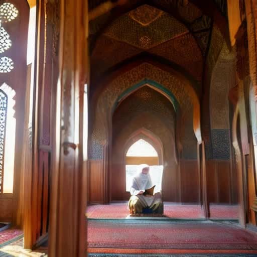 Serene mosque interior, aged scholar in traditional attire, deeply engaged in reading Qur'an, ornate mihrab background, intricate Islamic patterns on walls, soft sunlight filtering through geometric lattice windows, antique wooden lectern, quiet contemplative atmosphere, high-resolution 4K video, smooth camera pan, natural ambient sounds, by Abdullah Zaki