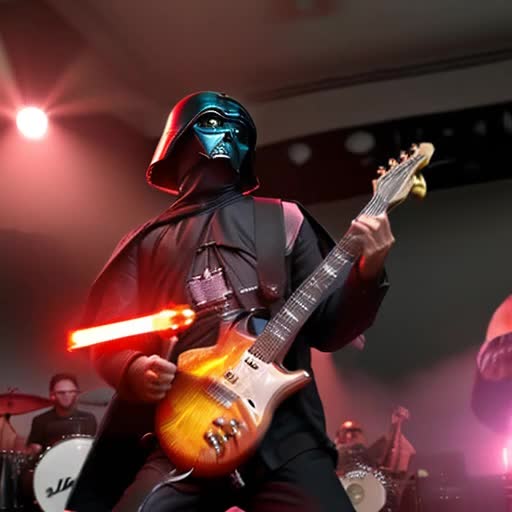 Mandolorians in a mosh pit slam dancing Luke Skywalker in black Jedi outfit playing electric guitar that resembles a light saber 