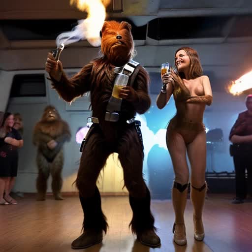 Han Solo drinking beer and smoking weed dancing with Chewbacca 
