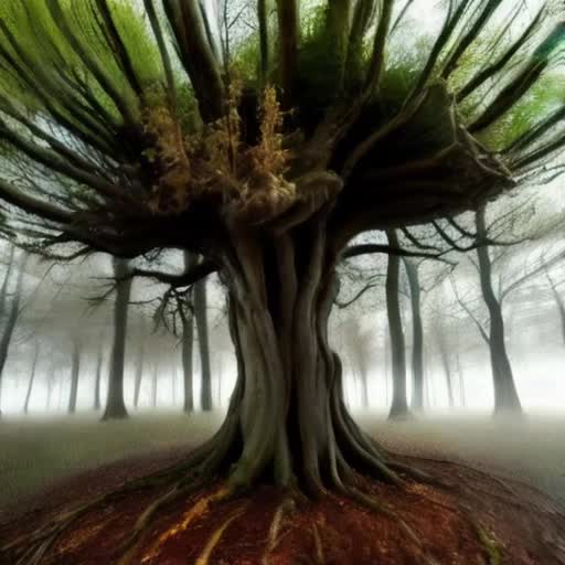 Ambulatory new maple tree, gnarled and towering, roots lifting in a fluid motion, amidst a dense, enchanted forest, mystical fog swirling around its base, foliage rustling gently, time-lapse style video, ethereal glow