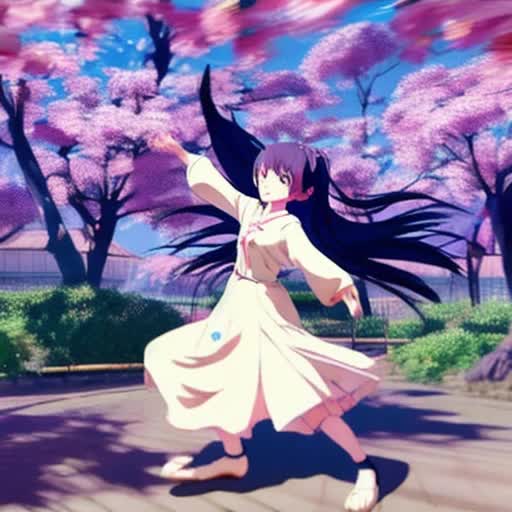 Anime girl dancing gracefully, dynamic motion, sakura petals swirling around, high energy, upbeat atmosphere, traditional Japanese setting, detailed character design, fluid animation, cell-shaded, dramatic spotlights, long flowing hair, intricately designed costume, by Makoto Shinkai and Hayao Miyazaki, 4K UHD video, 60fps