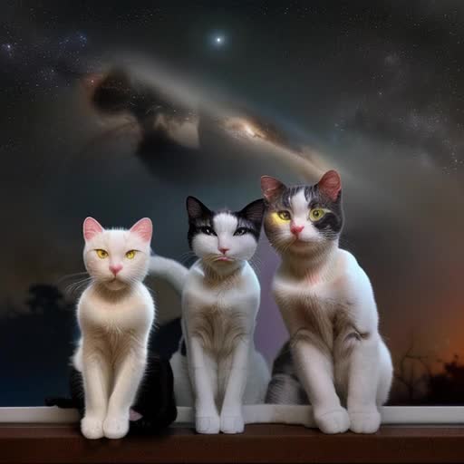 Create a spooky black cat and a white cat and a calico cat looking across the universe at Earth to pick Emmett they work to go
