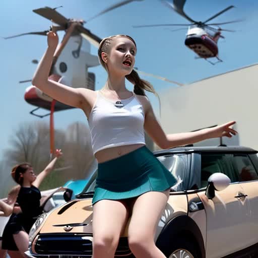 Pale girl with a mod hairstyle in a mini skirt dancing on a car in the middle of church while a helicopter drops cheerleaders outside.