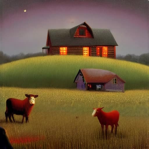 Alien family engaging in farm life, UFO parked by rustic house. Creatures dining, lively board games, melodic tunes fill the air. Pets frolic amid chores, feeding barn animals. Twilight UFO flight over golden fields, serene, by Shaun Tan