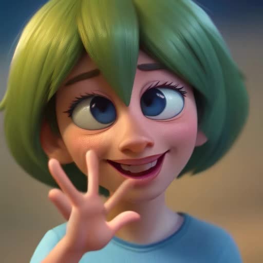 Animated character performing a friendly wave and playful wink, looped video, smooth motion, lifelike expressions, 4K resolution, soft natural lighting, close-up, eye-catching character design, by Pixar and Disney Animation Studios
