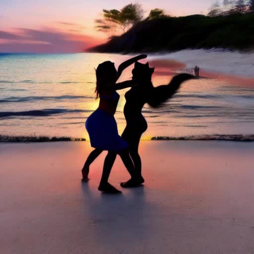 A cat and a girl dancing at a beautiful beach sunset