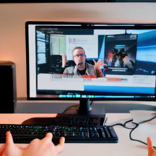 streaming YouTuber in action, dynamic, high-energy vlog setup, dual monitors with colorful LED backlighting, professional microphone, face illuminated by screen glow, casually stylish, personalized gamer room, engaging with audience, mid-conversation expression, eye-catching thumbnail visible on one monitor, high-resolution webcam footage, comfortable yet professional demeanor, interactive chat window on second monitor, on-trend