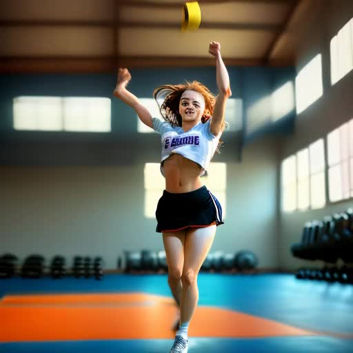 Teenage cheerleader taking shirt off, sporty, dynamic posture, gym background, sunlit space, realistic, high-energy, youthful, cinematic, 4k resolution, action shot, natural light, wide-angle view