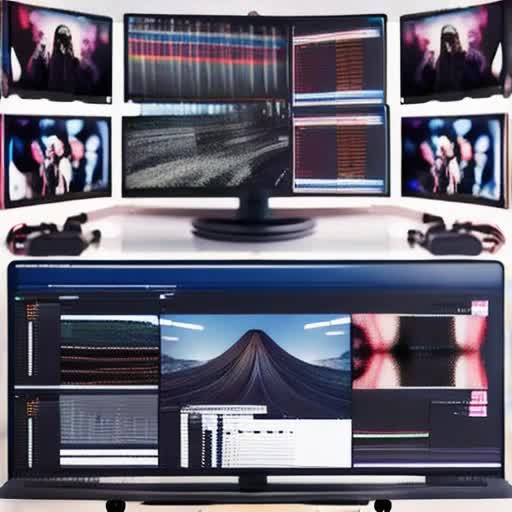 Dynamic video production process, editing suite visuals, multiple monitors displaying various editing software interfaces, timelapse of video editor working intensively, layered timeline with clips and effects, film reel elements, photorealistic 3D rendering, by Beeple and Ash Thorp, cinematic atmosphere