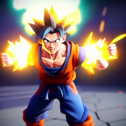 Goku character model in Fortnite style, dynamic combat pose, mid-action, energy aura, cartoon shader, Unreal Engine render, high-energy particle effects, cel-shaded, in-game screenshot aesthetic, action-packed, by Akira Toriyama, 8K resolution, sharp focus