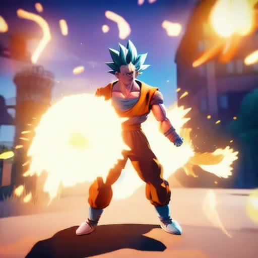 Goku character model in Fortnite style, dynamic combat pose, mid-action, energy aura, cartoon shader, Unreal Engine render, high-energy particle effects, cel-shaded, in-game screenshot aesthetic, action-packed, by Akira Toriyama, 8K resolution, sharp focus