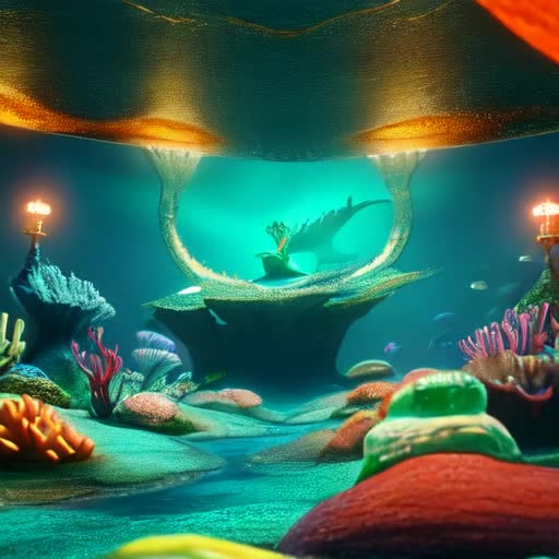 Underwater emerald castle glistening, Disney's The Little Mermaid ambiance, bright orange hues, lush emerald greens, starfish scattered, looping animation, extremely high quality high detail, cinematic lighting, photorealistic textures