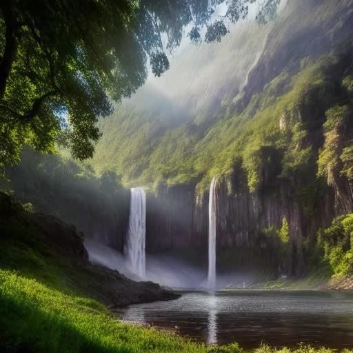 Photographic, extremely high quality high detail RAW photo, resplendent natural landscape, waterfall cascading into crystal-clear lake, majestic mountains in the background, early morning mist, birds in flight, sun rays piercing through the canopy, serene atmosphere, timelapse style video, 4K resolution, by Paul Nicklen and Frans Lanting