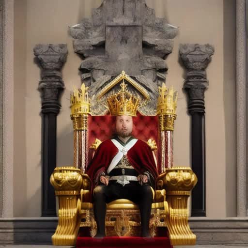 Majestic king seated on ornate throne, regal gold and jewel-encrusted crown, velvet ermine-trimmed royal robe, solemn expression, authority, large ancient stone castle hall, intricate tapestries on walls, throne flanked by knights in polished armor, soft ambient lighting highlighting soft dust motes in air, torches flickering, 4K cinematic quality, slow pan from throne to knights, subtle zoom on king's face, ambient orchestral score crescendo