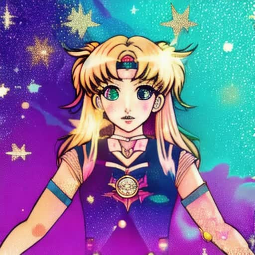 Sailor Moon, anime tattoos, kawaii elements, glitter and pastel shades, dynamic pose, magical girl aesthetic, sparkling eyes, intricate details, celestial background with cute iconography, digital art, high resolution
