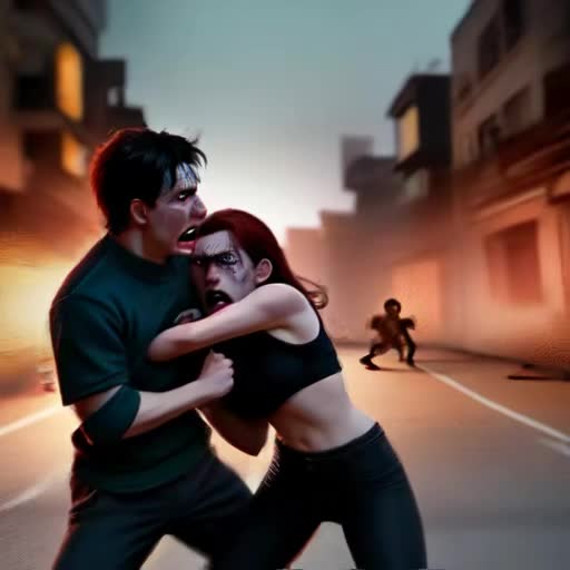 protective boyfriend defending girlfriend, adrenaline-fueled action, chaotic urban backdrop, onlookers gasping, dynamic fight choreography, realistic, gritty atmosphere, high-stakes emotion, detailed facial expressions, cinematic fight scene, dusk city lighting, raw and unfiltered encounter, fast-paced movement, by Edgar Wright and John Woo